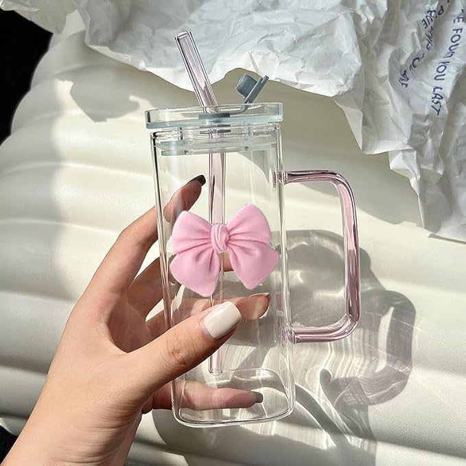 Girls Lovely Delicate Bownot Glass Cup with Straws and Lids