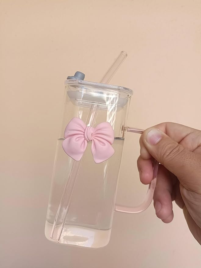 Girls Lovely Delicate Bownot Glass Cup with Straws and Lids