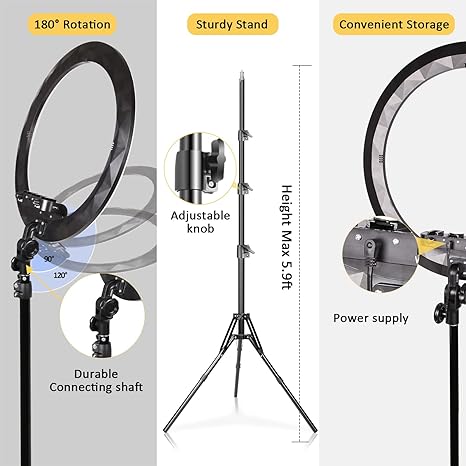 Ring Light with Stand, 19in LED Selfie Circle Light, Max 8ft/2.5m Tripod Stand